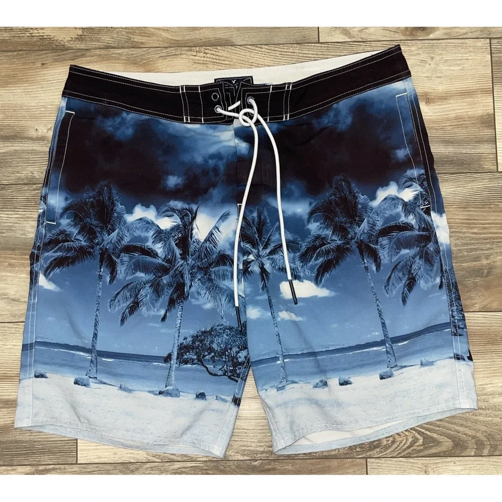 American Eagle Mens L Board Shorts Blue Palm Tree Print Lace Up Drawstring